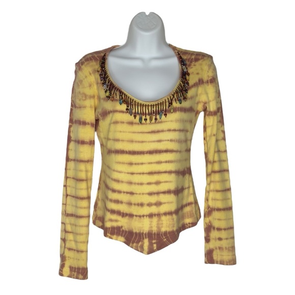 Santa Barbara Yellow and Brown Tie-Dye Beaded Scoop Neck Long Sleeve Top Medium - Picture 2 of 14